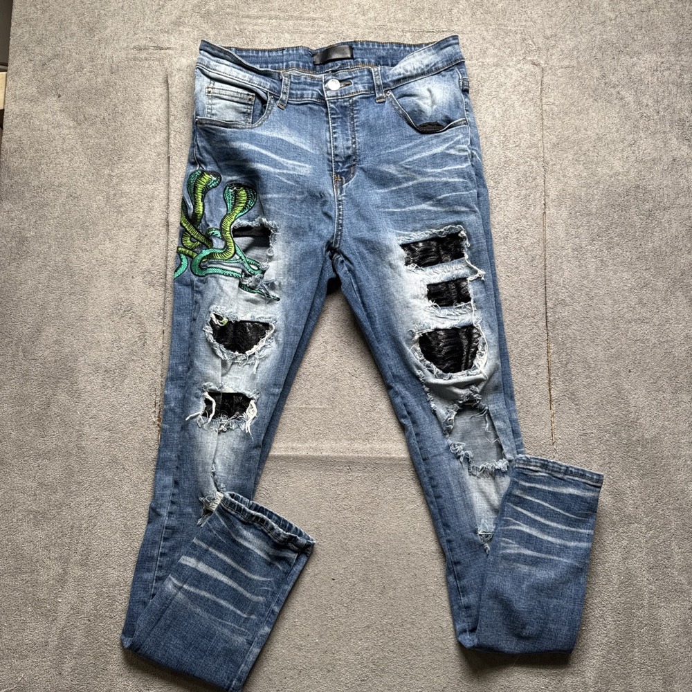 Amiri Men's Blue King Cobra Embroidered Distressed Jeans Size 34 Slim Fit